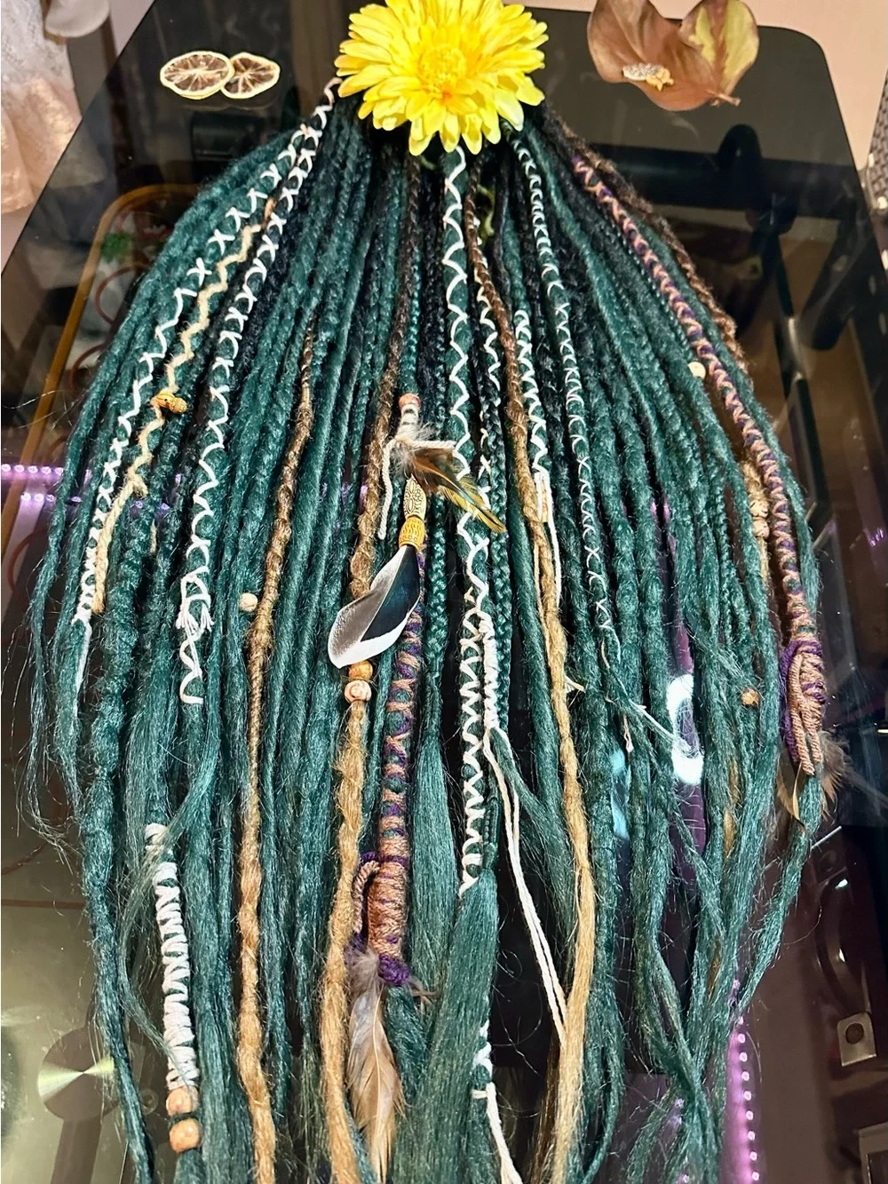 Dark Green Faux Dreadlock Extensions with Brown & Black Accents - Women Hair